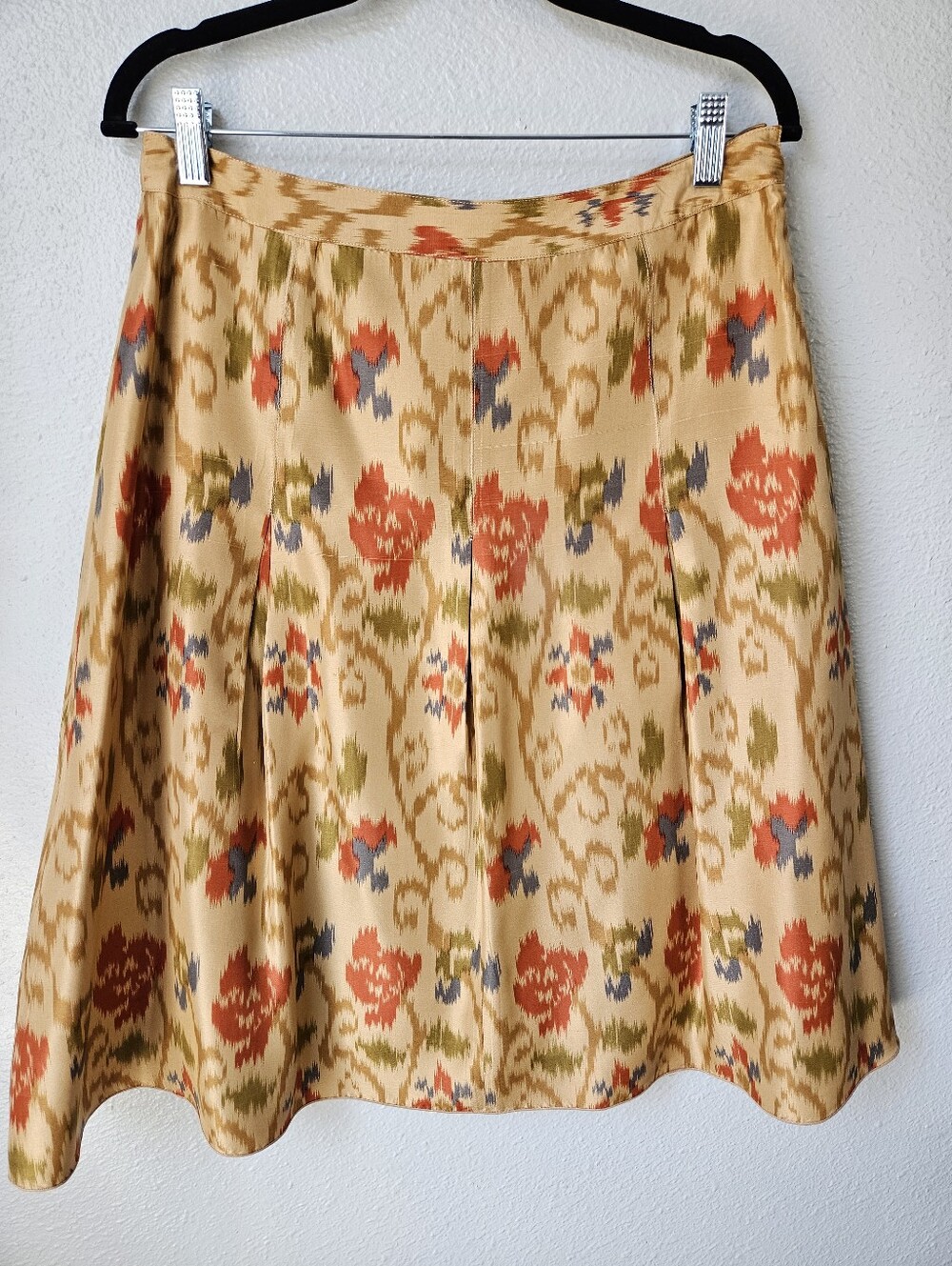 J Jill 100% Silk Floral Ikat Pleated A Line Skirt Size 8 In Bronze
